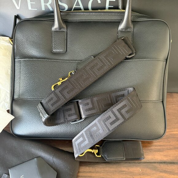 VERSACE 1013360 BLACK LEATHER MEDUSA MEDALION BRIEFCASE MESSENGER SHOULDER BAG - Picture 8 of 15